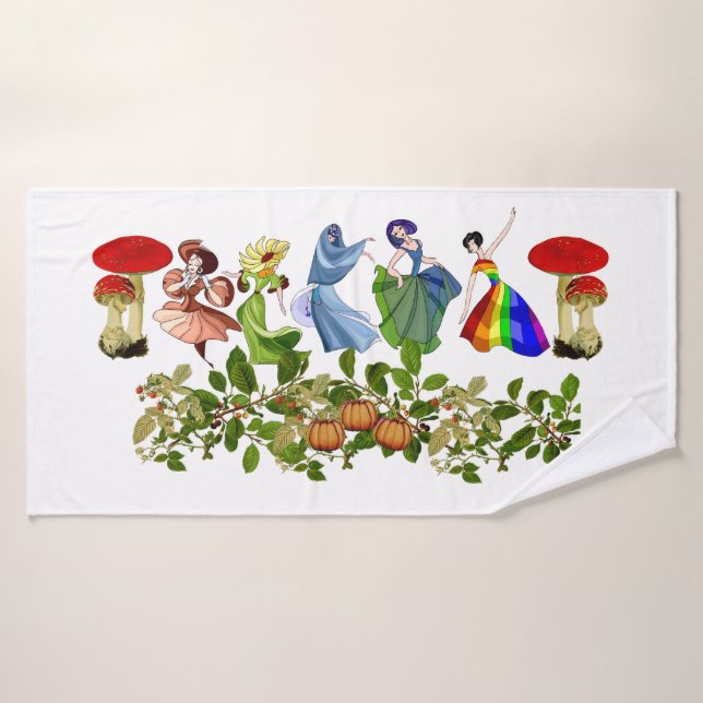 Cute Dancing Girls Fall Pumpkins Mushrooms Bath Towel (Bath Towel)