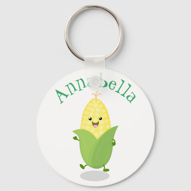 Cute dancing kawaii corn cob cartoon illustration key ring (Front)