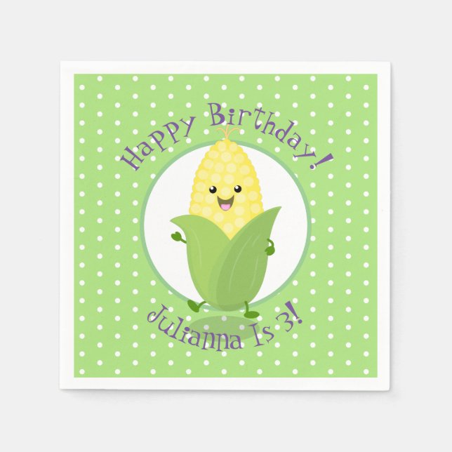 Cute dancing kawaii corn ear cartoon illustration napkin (Front)