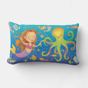 Cute Dancing Mermaid and Octopus Throw Pillow