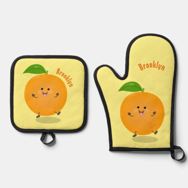 Cute dancing orange citrus fruit oven mitt & pot holder set (Front)