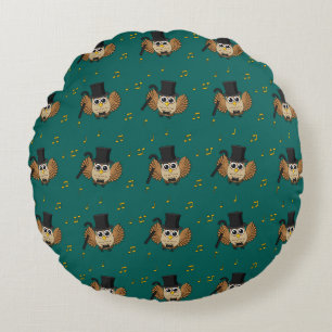 Cute Dancing Owl with Music Notes Cartoon Round Cushion