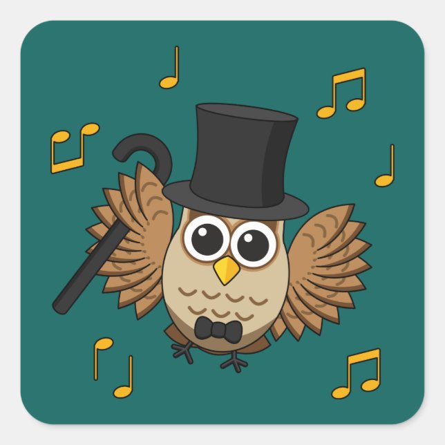 Cute Dancing Owl with Music Notes Cartoon Square Sticker (Front)