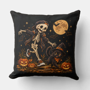 Cute Dancing Skeleton & Black Cat Halloween Throw Cushion