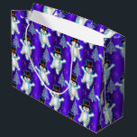 Cute Dancing Snowman and Snow Blue Christmas Large Gift Bag<br><div class="desc">This very cute blue and white Christmas gift bag has a pattern of whimsical little snowmen,  dancing in the snow surrounded by silver Christmas trees. There is a very colourful royal blue in the background.</div>