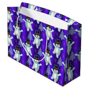 Cute Dancing Snowman and Snow Blue Christmas Large Gift Bag