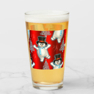 Cute Dancing Snowmen and Snow on Red Christmas Glass