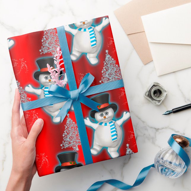 Cute Dancing Snowmen on Red Christmas Wrapping Paper (Creator Uploaded)