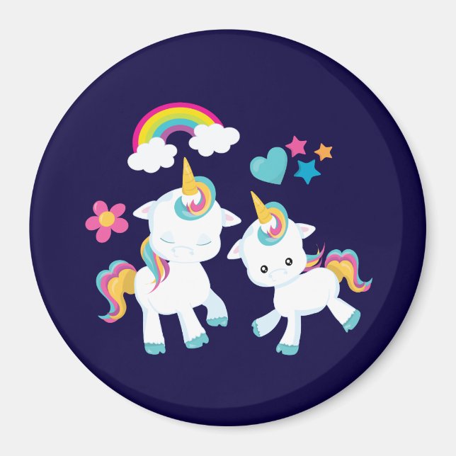 Cute Dancing Unicorns Magical Rainbow & Stars Magnet (Front)