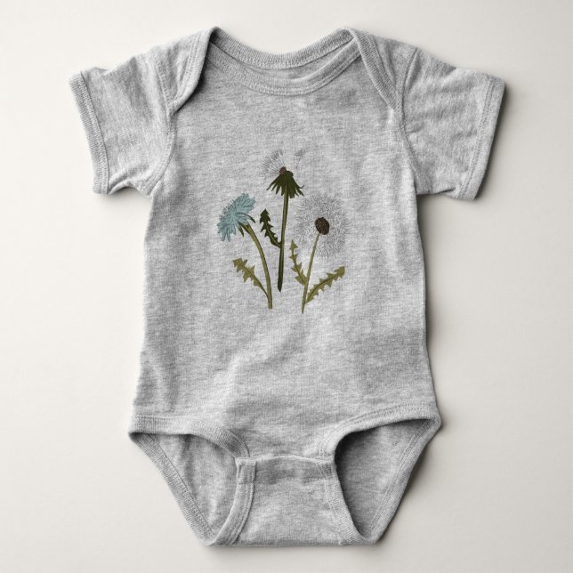 Cute Dandelion Grey Blue Flower Motifs Baby Bodysuit (Front)