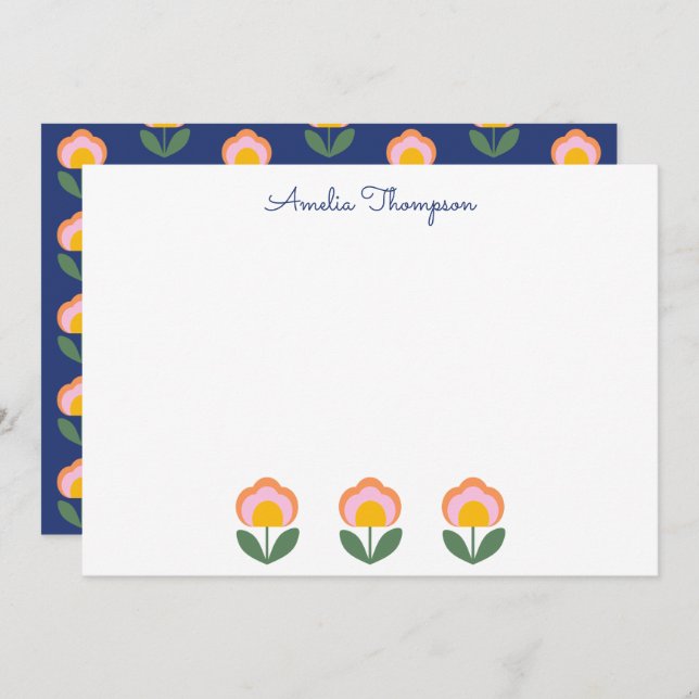 Cute Danish Folk Flower Blue Personalised Name Card (Front/Back)