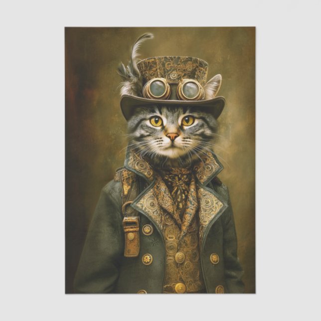Cute Dapper Steampunk Tabby Cat ET7L Decoupage  Tissue Paper (Front)