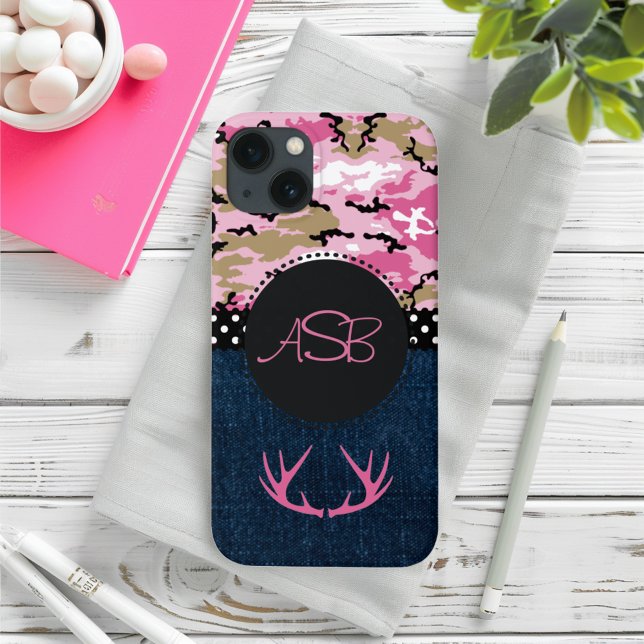 Cute Dark Blue Jeans Pink Antler Camo Case-Mate iPhone Case (Creator Uploaded)