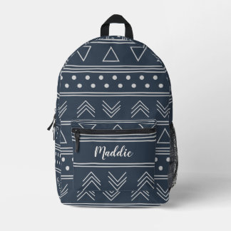 Cute Dark Blue Mudcloth Monogram Name Printed Backpack