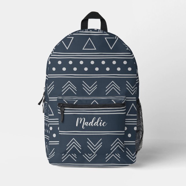 Cute Dark Blue Mudcloth Monogram Name Printed Backpack (Front)