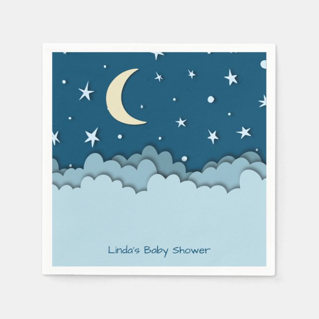 Cute Dark Blue Night Moon and Clouds Baby Shower Napkin (Front)