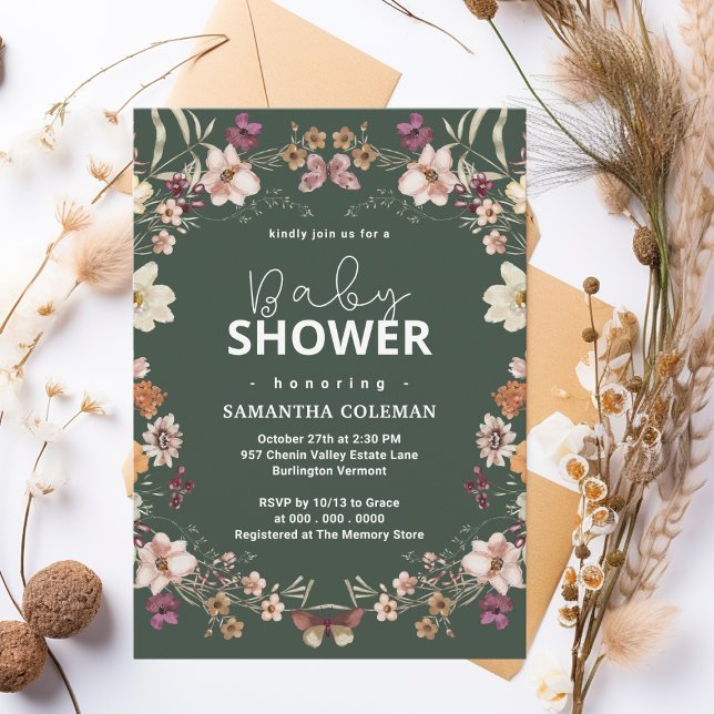 Cute Dark Green Boho Wildflower Modern Baby Shower Invitation (Creator Uploaded)