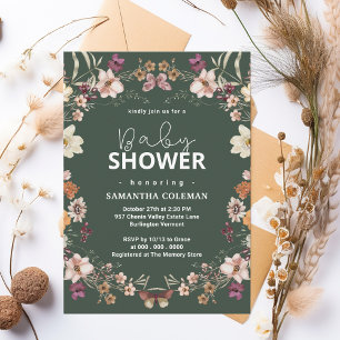 Cute Dark Green Boho Wildflower Modern Baby Shower Invitation