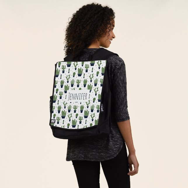 Cute Dark Green Cactus Desert Pattern Backpack (Worn)