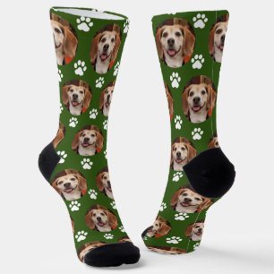Cute Dark Green Pet Photo & Paw Prints Cat Dog  Socks