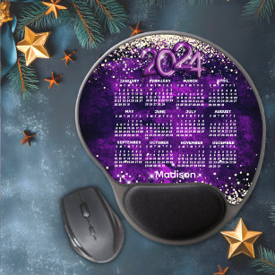 Cute dark purple gold faux glitter 2024 calendar  gel mouse pad