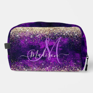 Cute dark purple gold faux glitter monogram access dopp kit