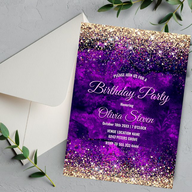 Cute dark purple gold faux glitter monogram invitation (Creator Uploaded)
