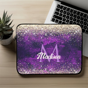 Cute dark purple gold faux glitter monogram laptop sleeve