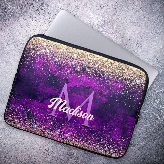 Cute dark purple gold faux glitter monogram laptop sleeve (Creator Uploaded)