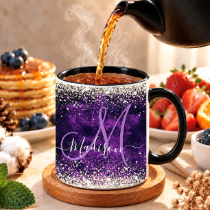 Cute dark purple gold faux glitter monogram mug