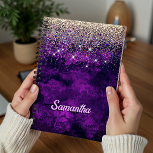 Cute dark purple gold faux glitter monogram notebook