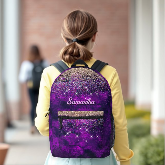 Cute dark purple gold faux glitter monogram printed backpack (Creator Uploaded)