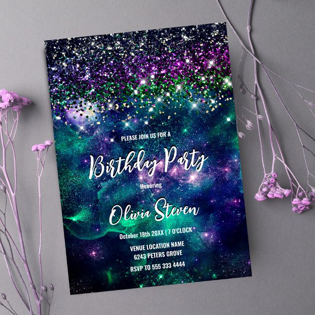 Cute dark purple green faux glitter invitation (Creator Uploaded)