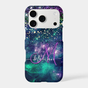 Cute dark purple green faux glitter monogram