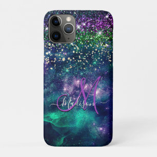 Cute dark purple green faux glitter monogram Case-Mate iPhone case