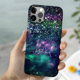 Cute dark purple green faux glitter monogram Case-Mate iPhone case