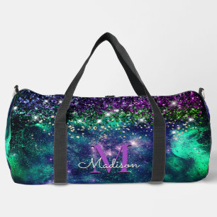 Cute dark purple green faux glitter monogram duffle bag