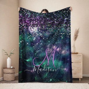 Cute dark purple green faux glitter monogram fleece blanket