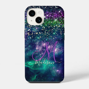 Cute dark purple green faux glitter monogram iPhone 14 case