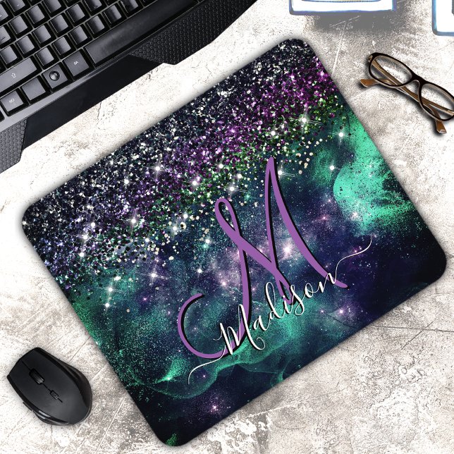 Cute dark purple green faux glitter monogram mouse pad (Creator Uploaded)