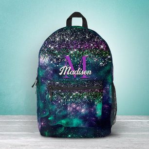 Cute dark purple green faux glitter monogram printed backpack