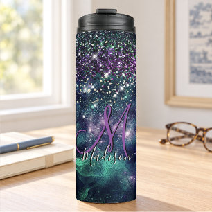 Cute dark purple green faux glitter monogram thermal tumbler