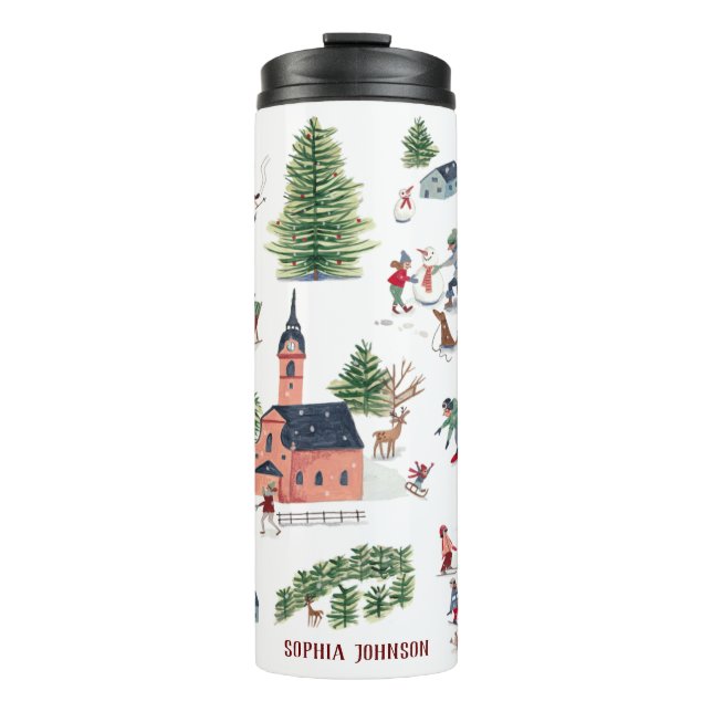 Cute dark red Alpine ski lodge winter Christmas Thermal Tumbler (Front)