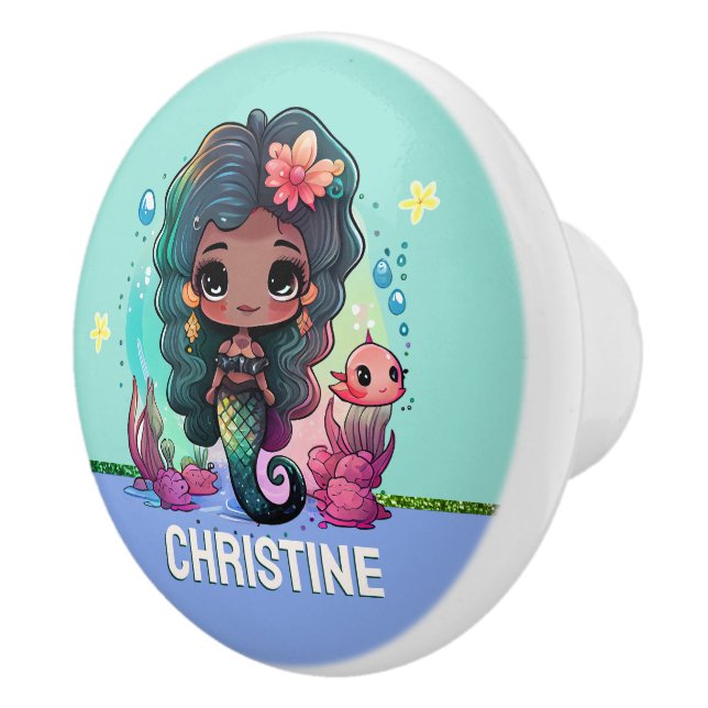 Cute dark skin Mermaid nursery style blue custom Ceramic Knob (Right)