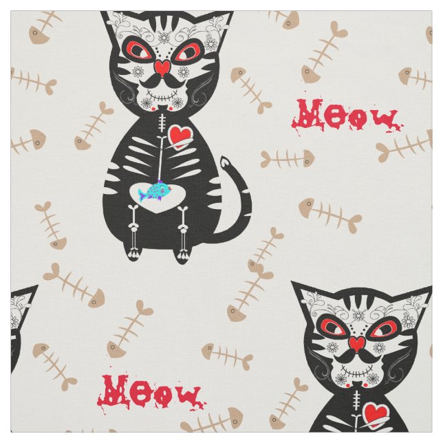 Cute Day of The Dead Sugar Skull Cat Meow Print Fabric (Swatch)