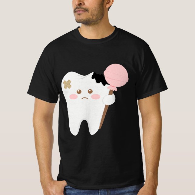 Cute decayed tooth cartoon holding lollipop funny  T-Shirt (Front)