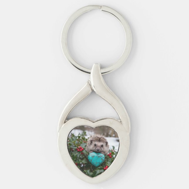 Cute December Hedgehog with Turquoise Heart Key Ring (Front)