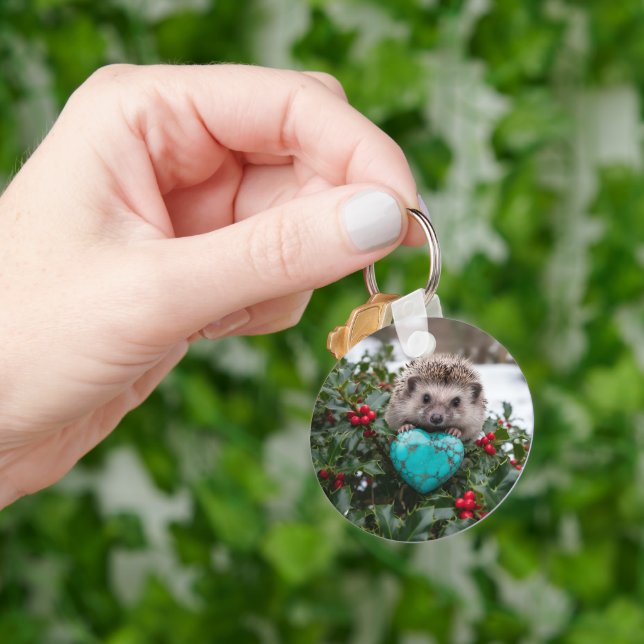 Cute December Hedgehog with Turquoise Heart Key Ring (Hand)