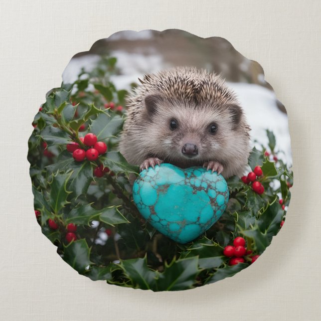 Cute December Hedgehog with Turquoise Heart Round Cushion (Front)