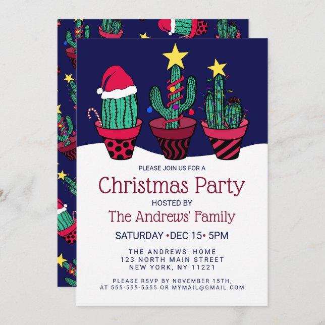 Cute Decorated Cactus Tree Lights Christmas Invitation (Front/Back)